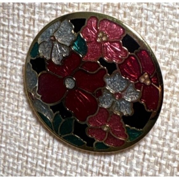 Celtic Sea Gems Gold Tone Enamel Floral Brooch Pin Red Silver Flowers 1.5" - Picture 2 of 8